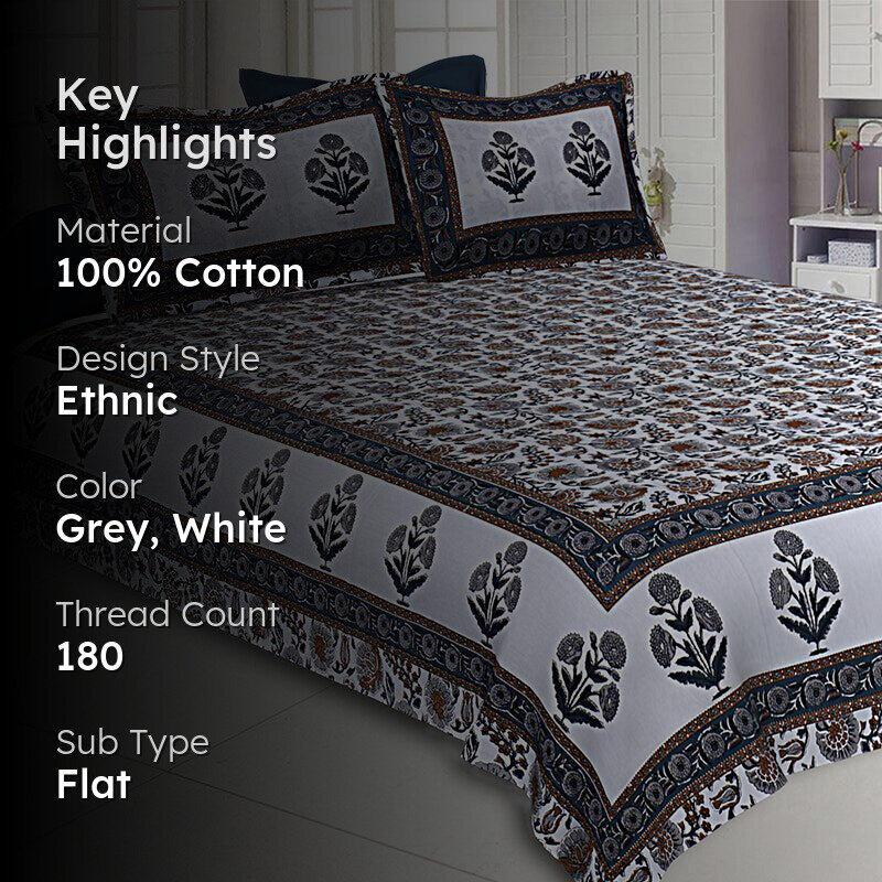 Pari Ethnic Cotton Bedsheet (Grey) - 180 TC media 2