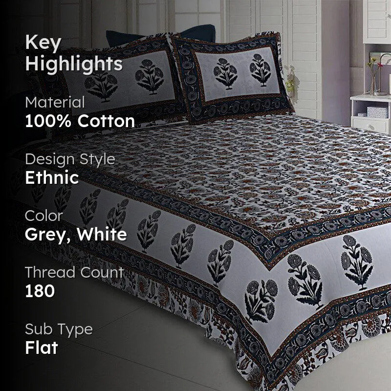 Pari Ethnic Cotton Bedsheet (Grey) - 180 TC media 2