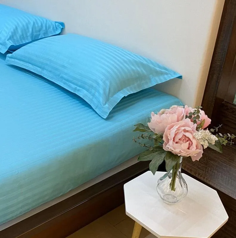 Le Coton Striped Solid Cotton Bedsheet (Sky Blue) - 250 TC media 4