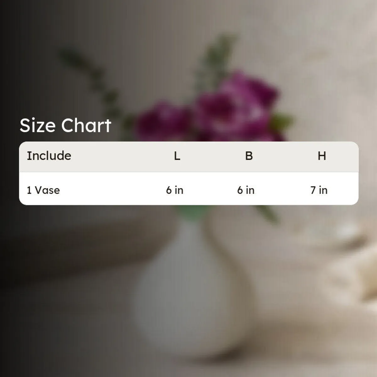 Blurred vase photo with a size chart overlay