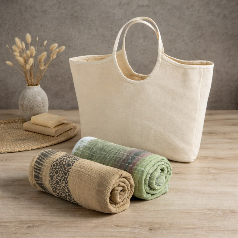 Natural Grace Cotton Bath Towels with Tote Bag - Set Of Two