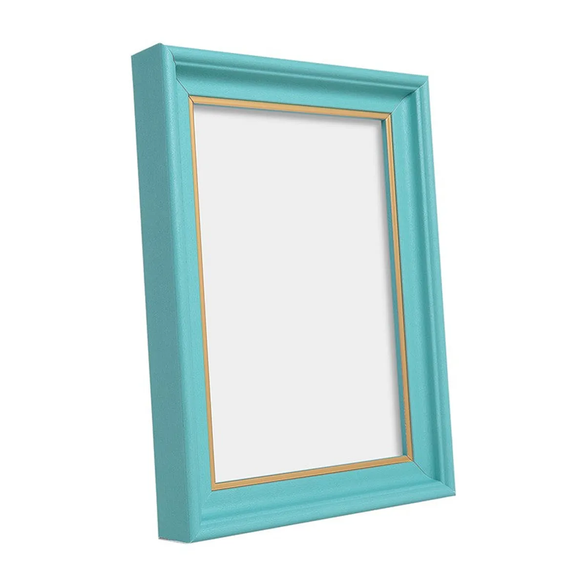 Angled view of a blue rectangular photo frame with gold inner trim