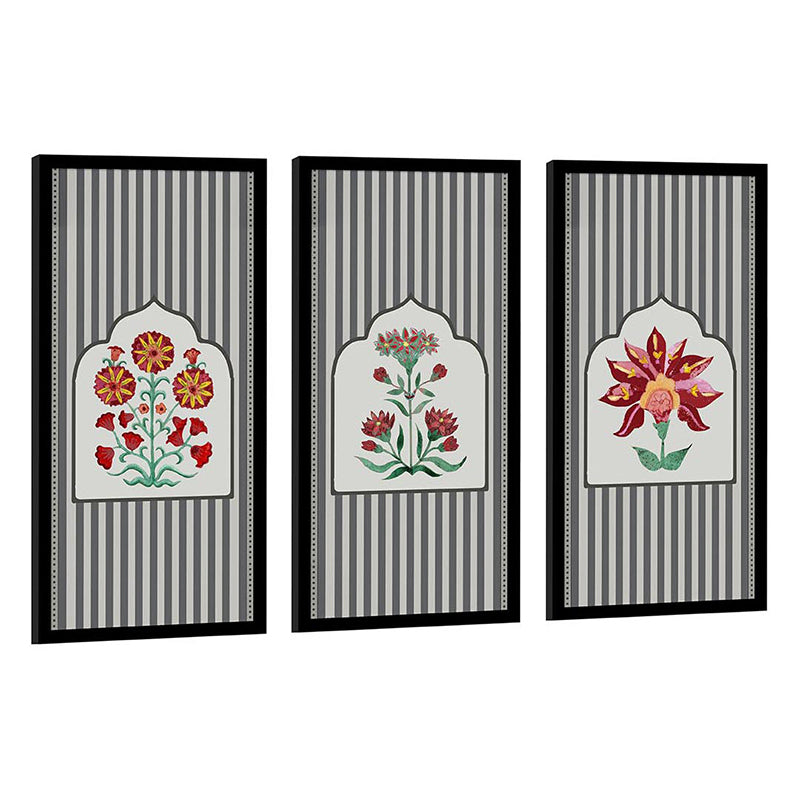 Gul-E-Rana Mughal Wall Art With Frame (Grey) - Set Of Three media 4