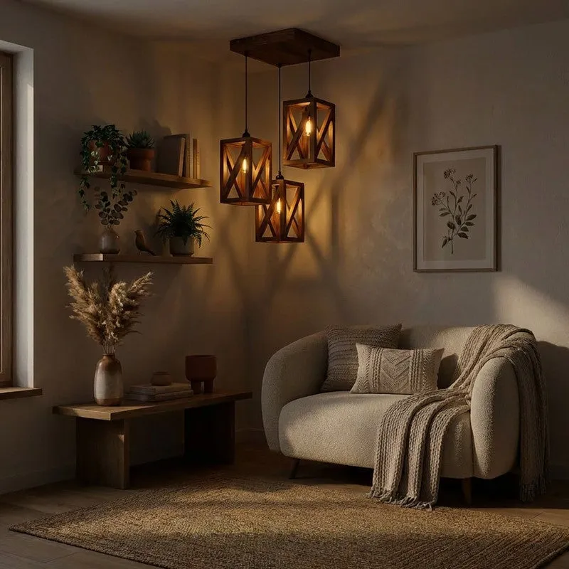 HexaCage Illume Wooden Ceiling Lamp - Brown media 1