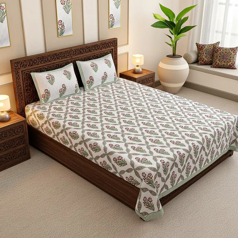 Malati Cotton Bedsheet (Red, Light Green) - 180 TC media 1