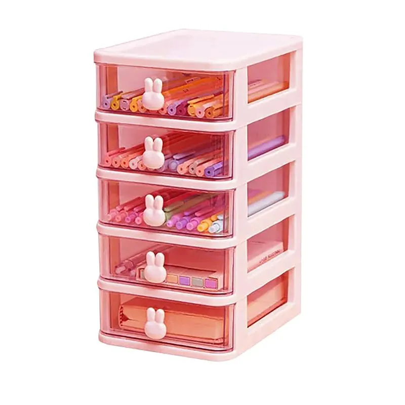Pink five-tier organiser displaying stationery in its clear drawers