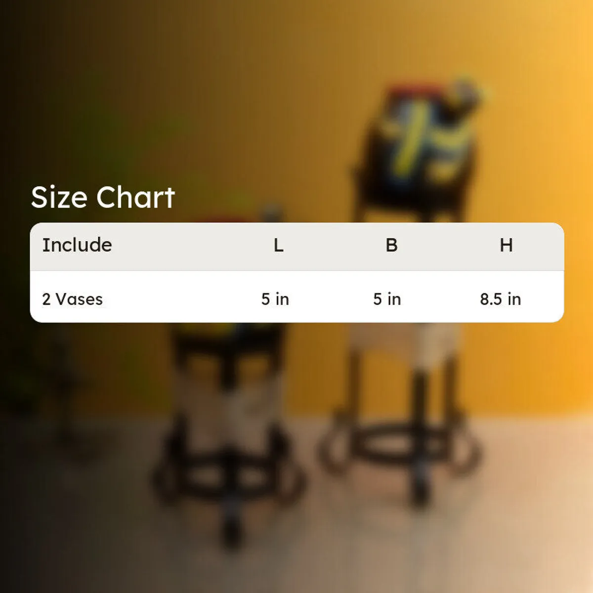 Size chart graphic for a set of two vases