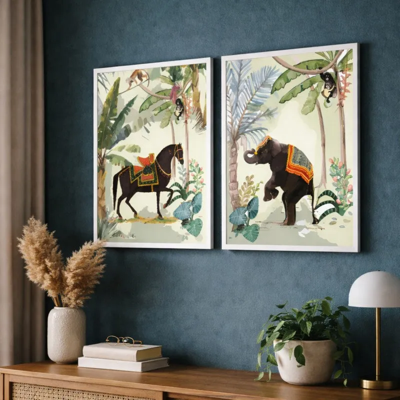 Jungle Greens Paper Wall Painting With MDF Frame - Set Of Two media 3