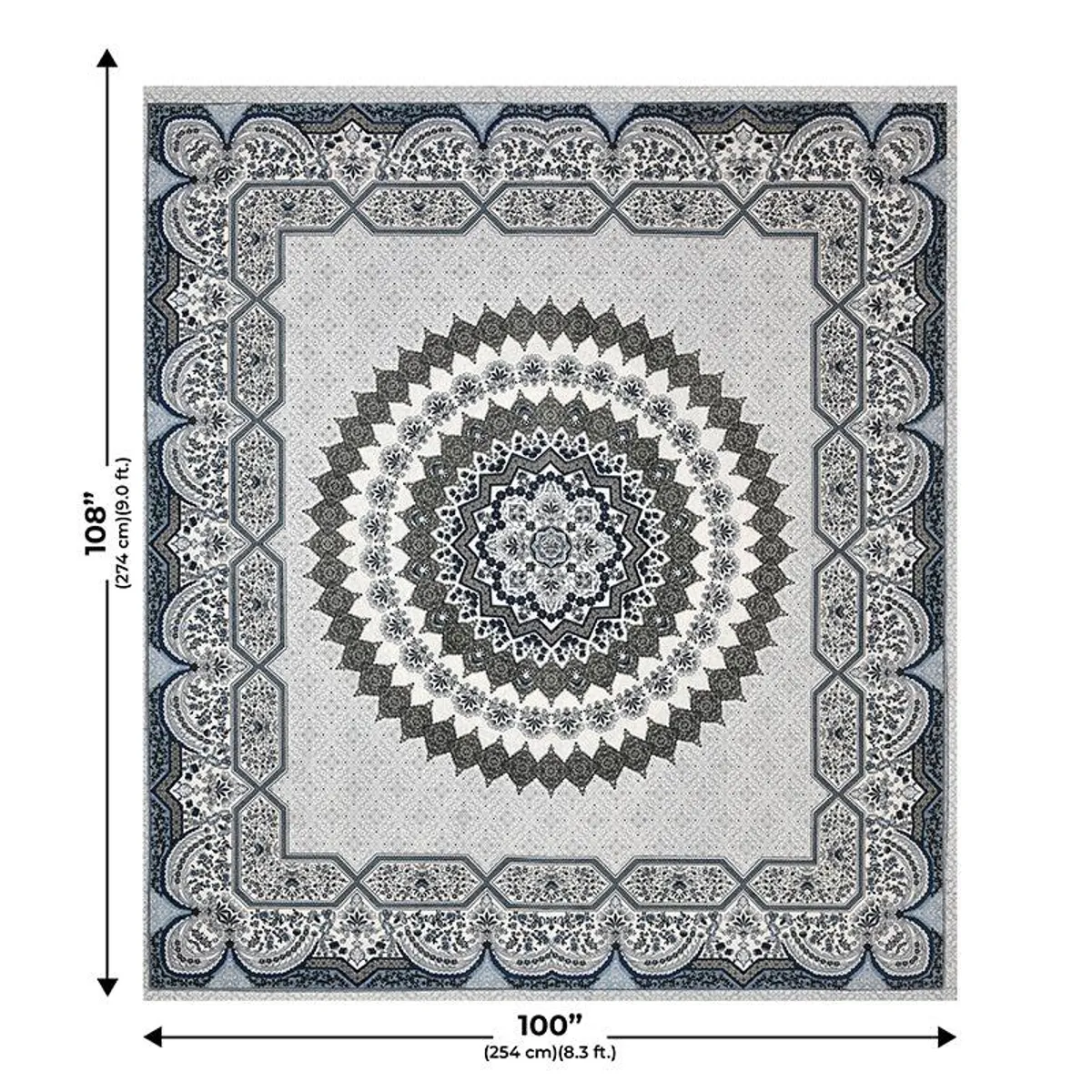 Top view of grey bedsheet with central medallion and ornate border