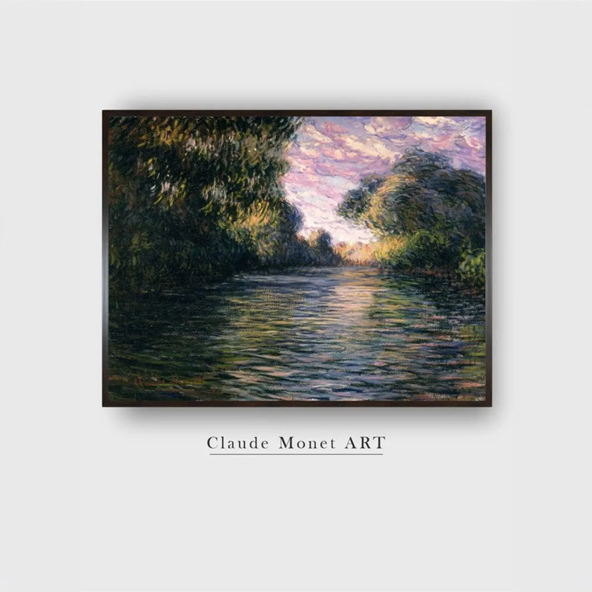 Front view of framed river landscape wall art on a light background