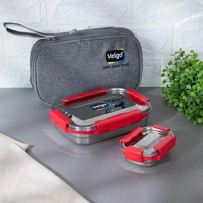 Tasteo Pack Red Lunch Box With Insulated Pouch (800/150 mL) - Two Piece Set media 1