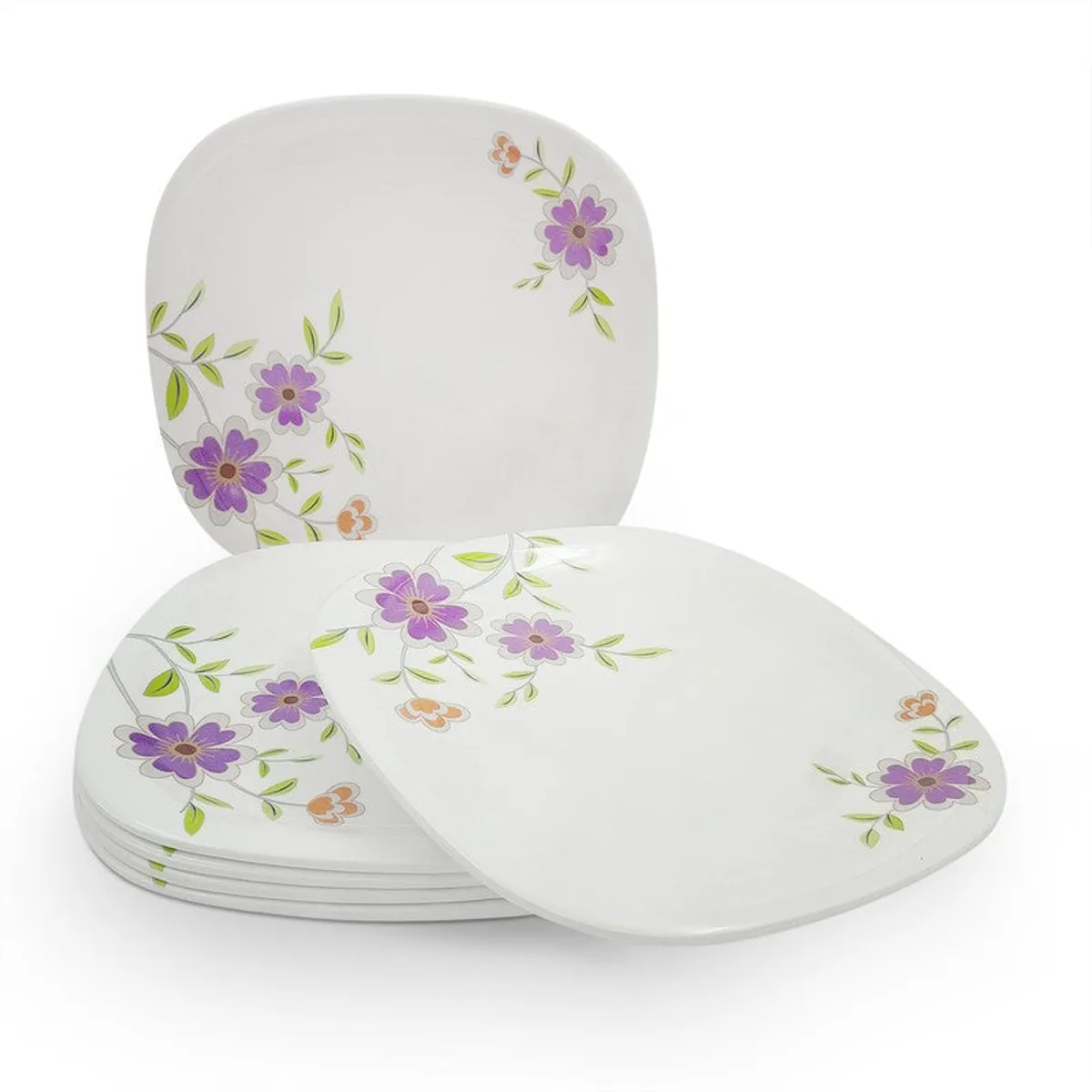 Stacked square floral dinner plates with one plate shown in front