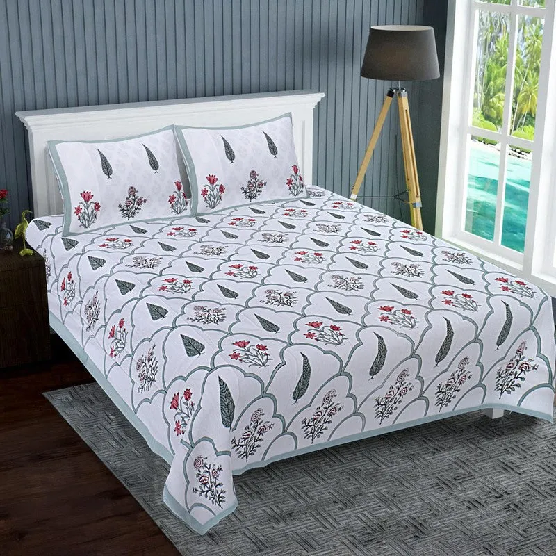 RiwaayatWhite Handblock Printed Cotton Bedsheet (Olive) - 400 TC media 1