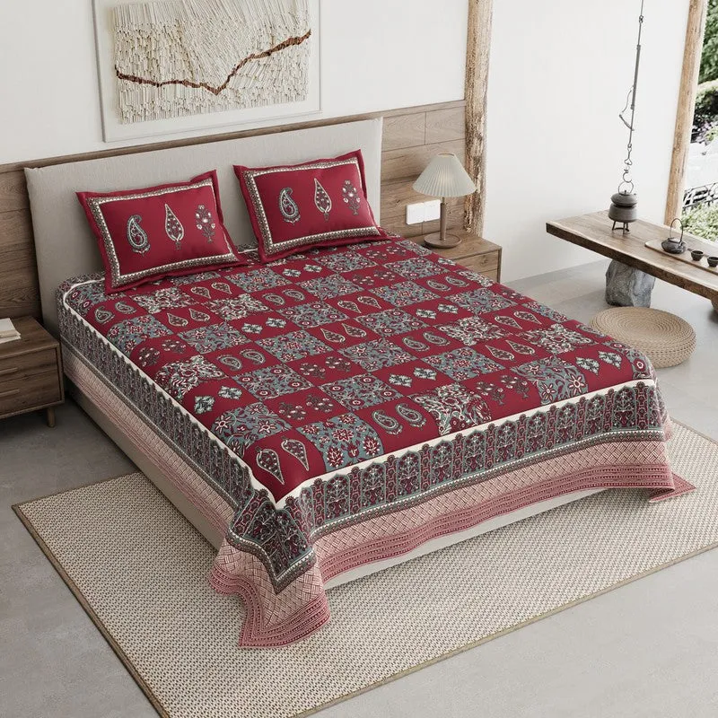 Jaipur Charm Cotton Bedsheet (Grey,Maroon) - 120 TC media 1