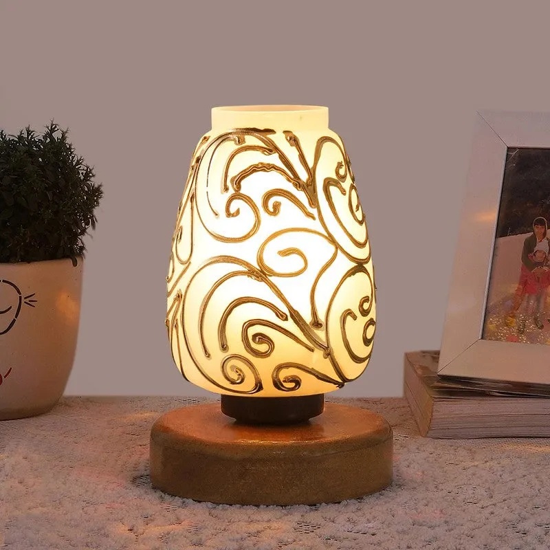 Glorene Glass Table Lamp With Wooden Base - White & Gold media 3