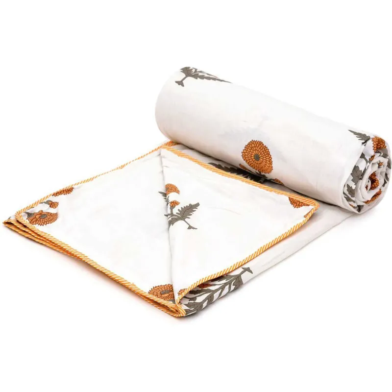 Hansa Floral Reversible Cotton Dohar (White & Orange) - 180 GSM media 4