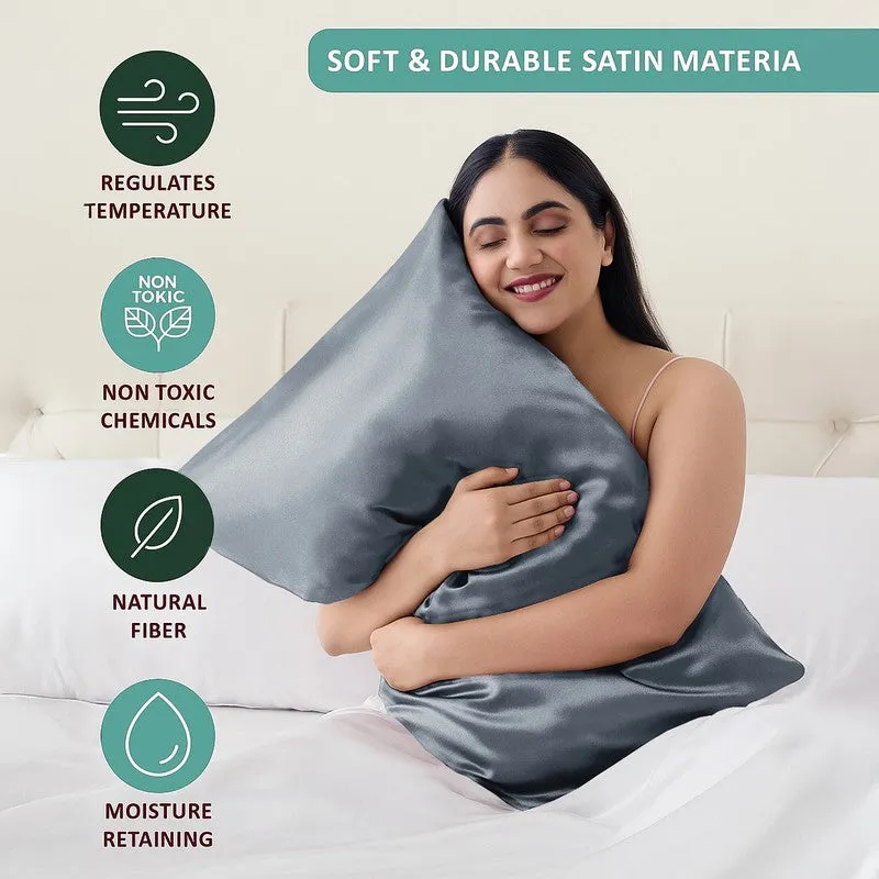 SilkenAura Satin Pillow Cover with a Scrunchy (Grey) - Set Of Two media 7