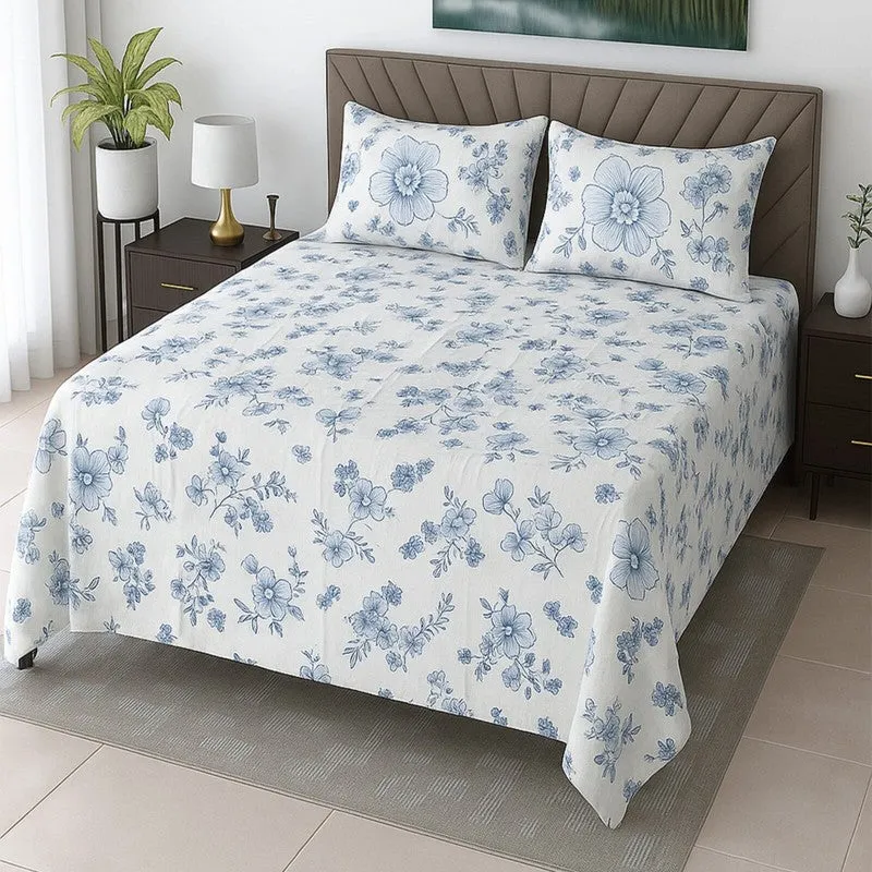 Gentle Petals Cotton Bedsheets (Blue) - 400 TC media 1