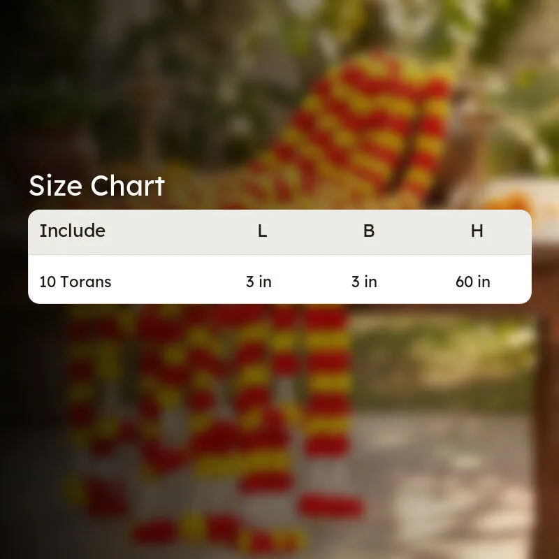 Size chart graphic for toran set with dimensions shown in an overlay