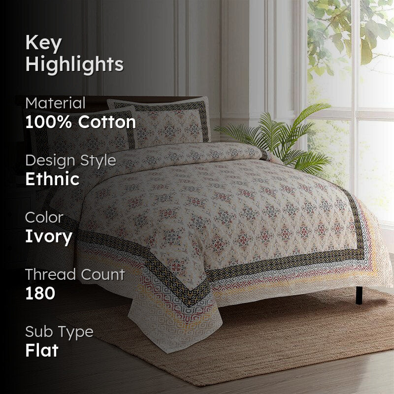 Rakta Ethnic Cotton Bedsheet (Ivory) - 180 TC media 2