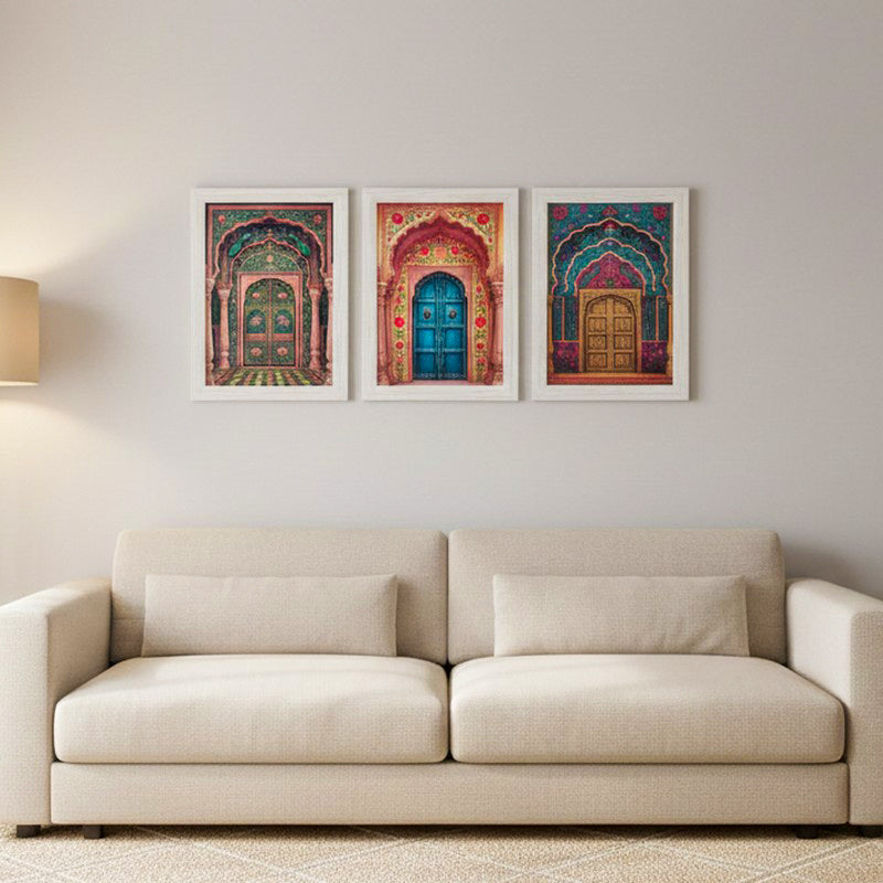 Vibrant Royal Archway Wall Painting With Frame - Set Of Three