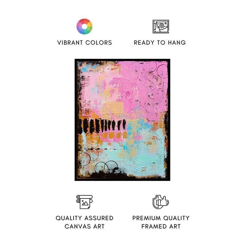 Abstract pink and blue framed canvas painting with feature icons on a white background