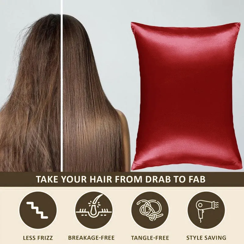 Red satin pillow cover displayed beside long brown hair