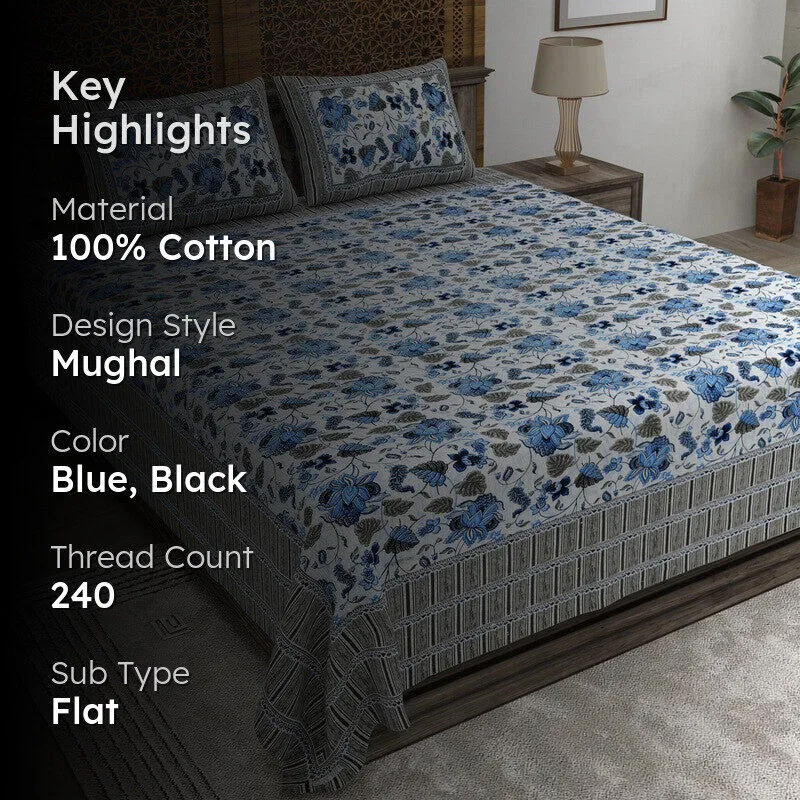 Softus Cotton Bedsheet (Blue,Black) - 240 TC media 2