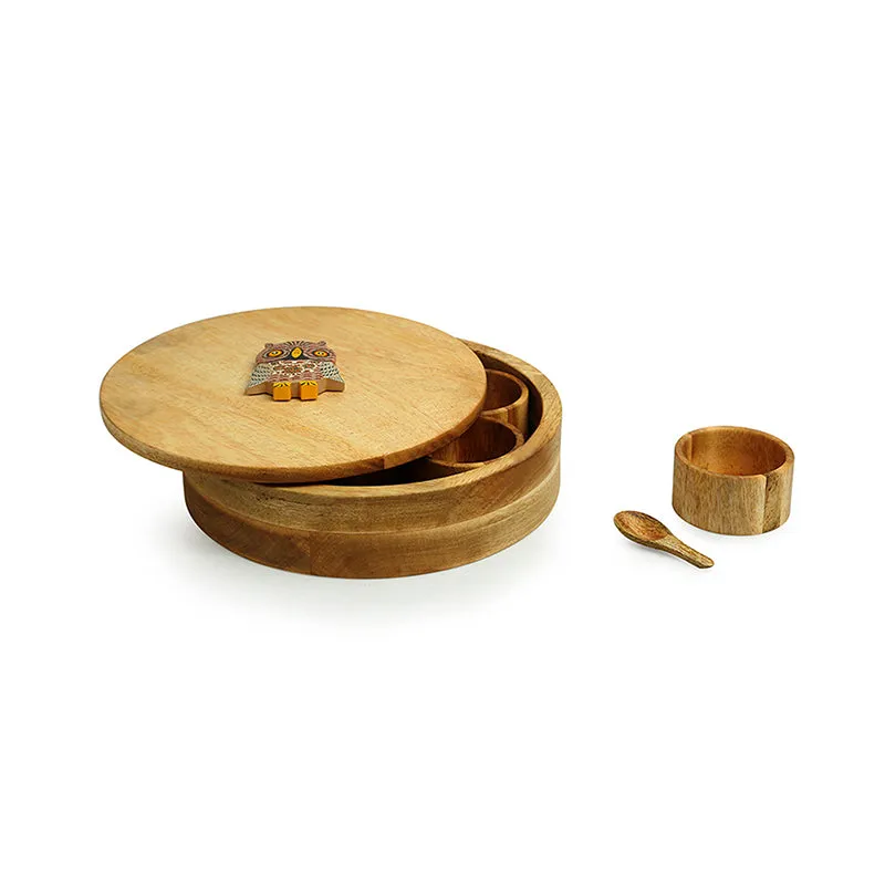 Open mango wood masala box with separate wooden container and spoon
