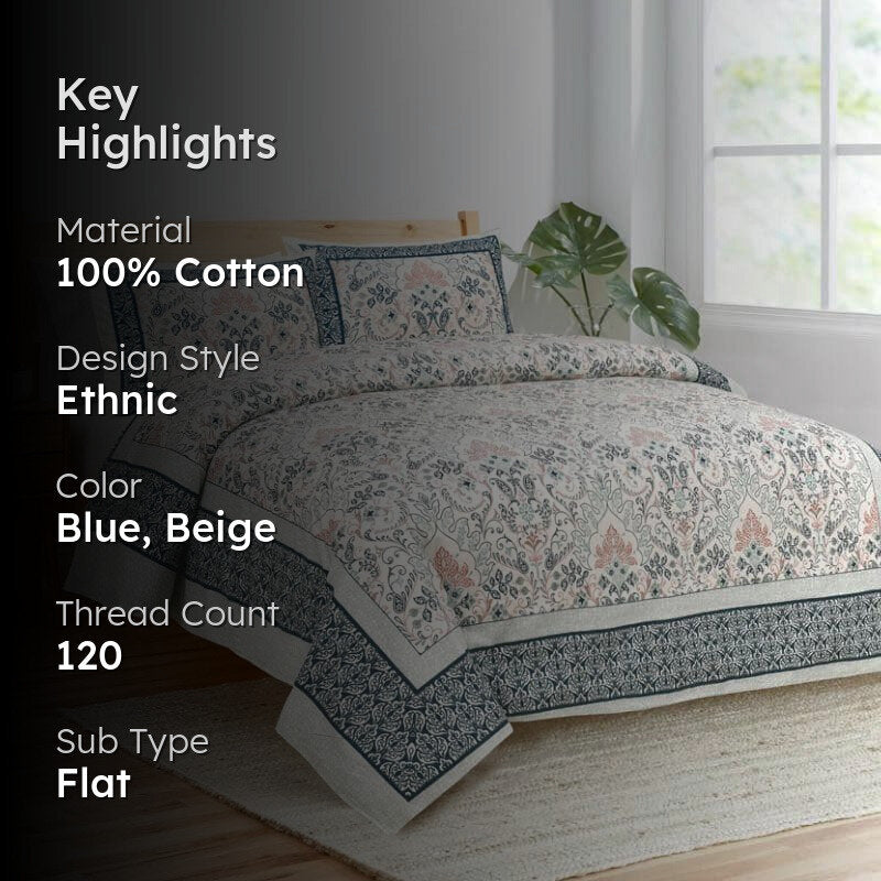 Mughal Jaali Printed Cotton Bedsheet (Blue & Beige) - 120 TC media 2