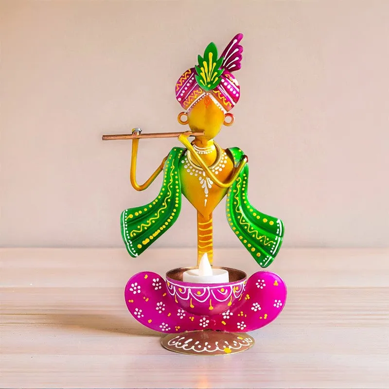Krishan Iron Figurine with Diya - Purple,Yellow media 6