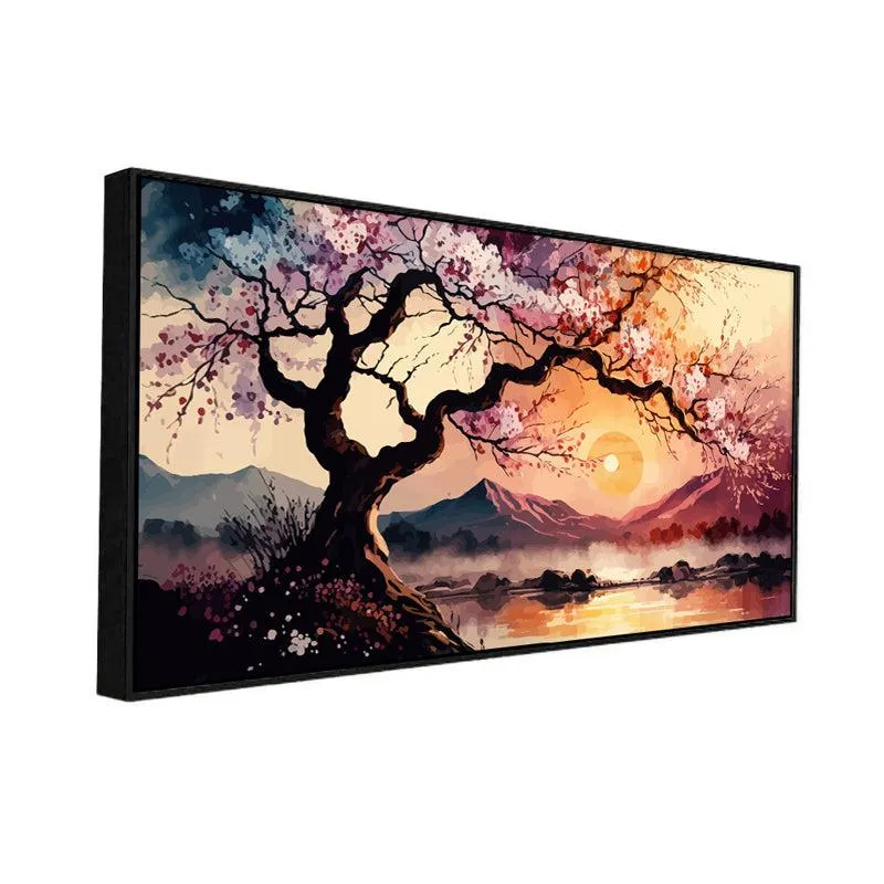 Cherry Blossom Sunset Landscape Canvas Wall Painting With Frame - Black media 3