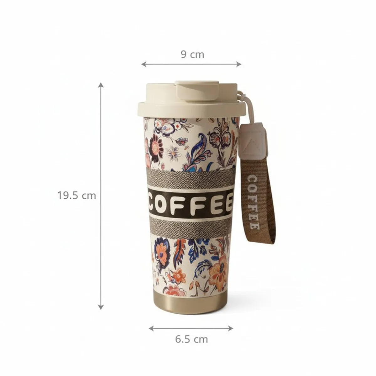 Floral coffee tumbler shown against a plain white background