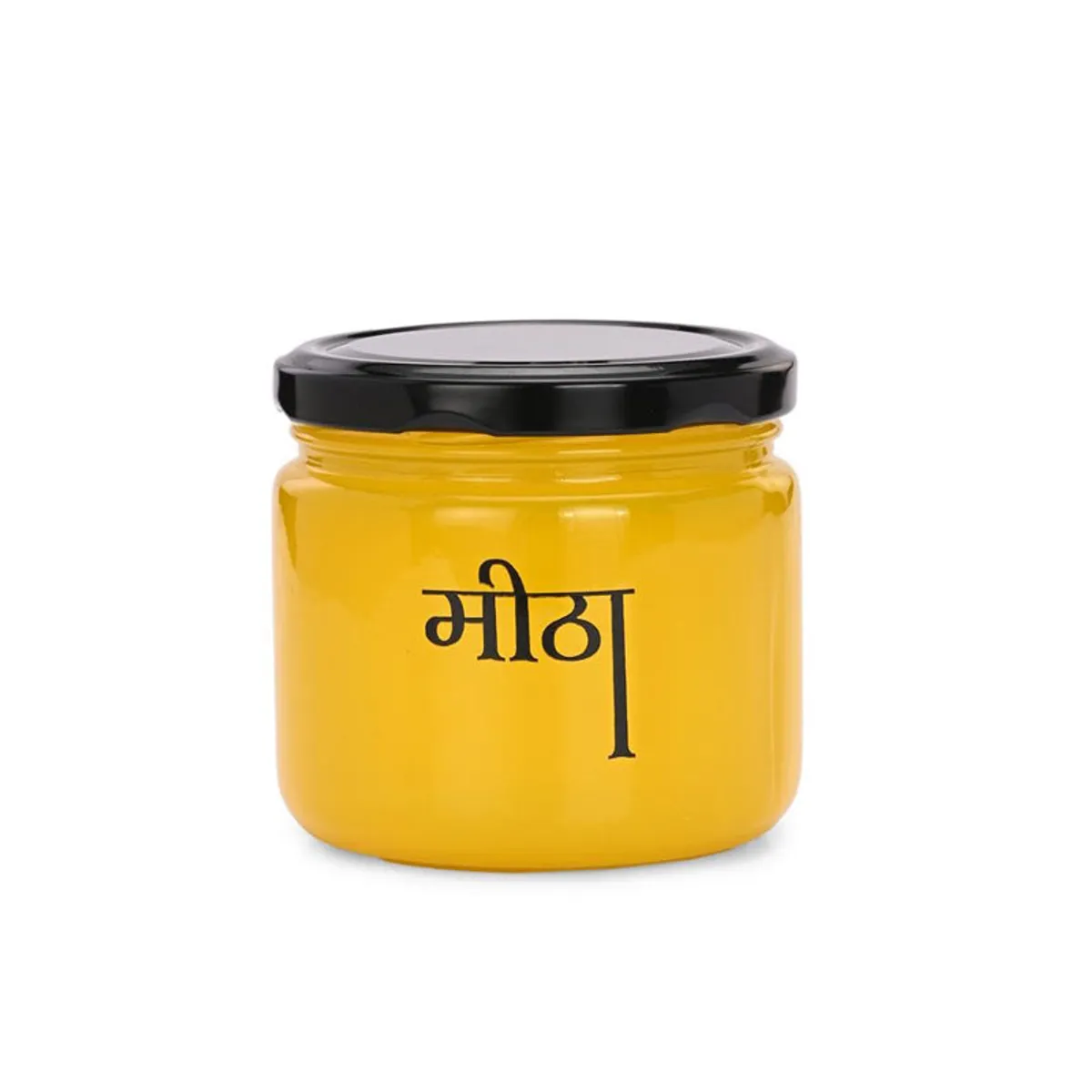 Yellow cylindrical glass jar with black lid shown against a white background