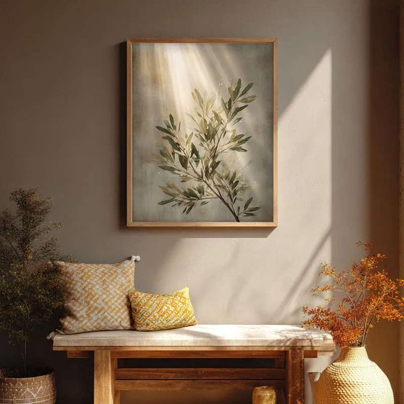 Soft Olive Grace Archival Paper Wall Painting With Brown Frame media 1