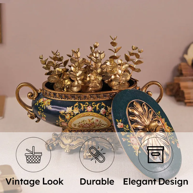 Blue and gold floral storage box with decorative handles and lid