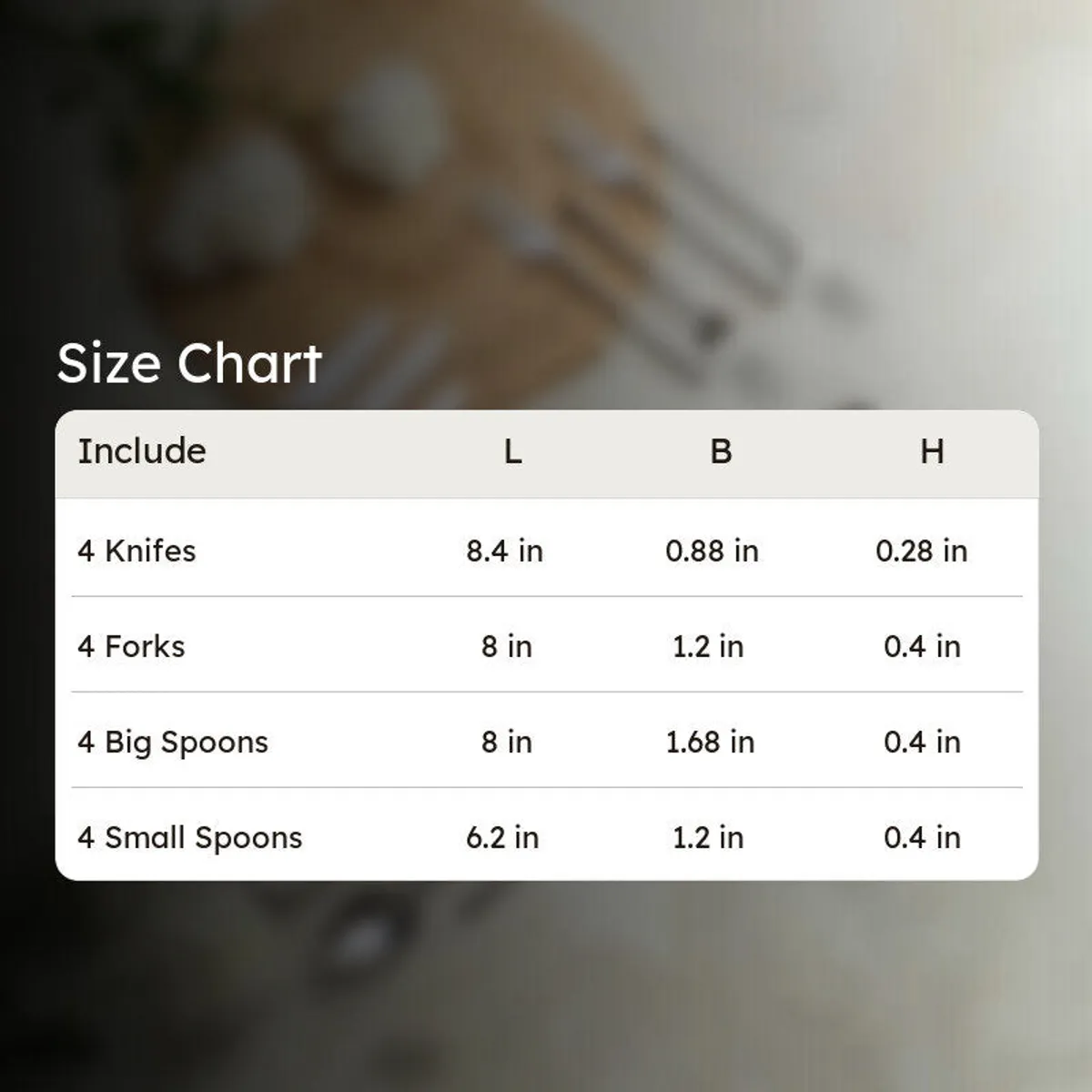 Silver cutlery set shown in a size chart image