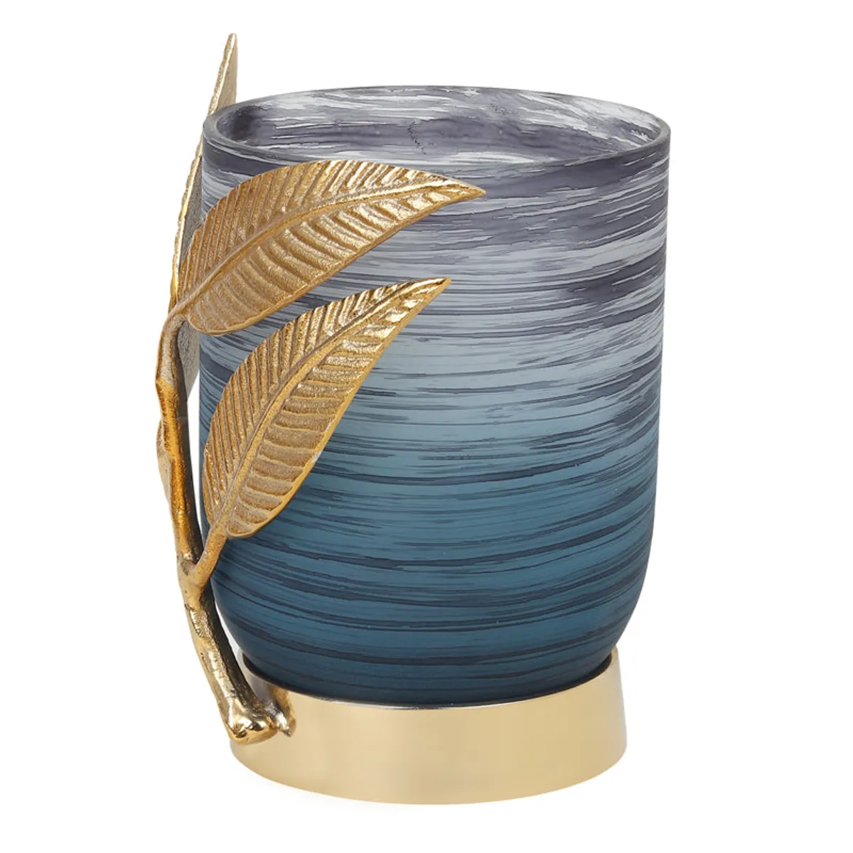 Side view of blue textured vase with gold leaf detailing