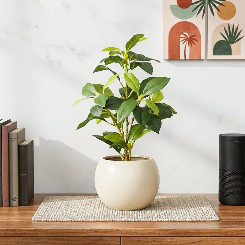 Artificial Croton Leaf Plant With Black Fiber Pot (Green) - 1.3 Feet media 1