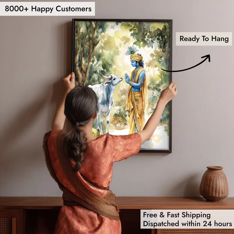 Krishna Spiritual Archival Paper Wall Painting With Frame - Black media 6