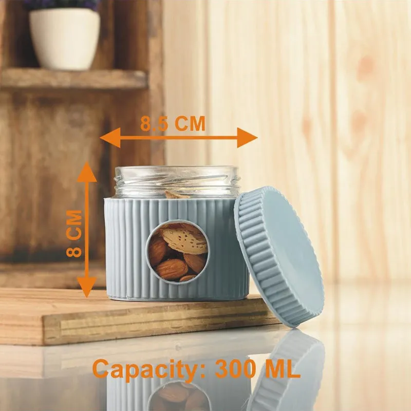Open grey ribbed jar showing its glass body, lid and 300 ml capacity
