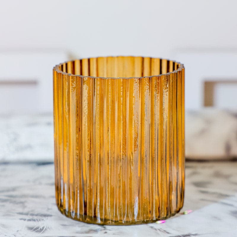 Amber Ribbed Ceramic Cylinder Vase with Dried Flowers media 3
