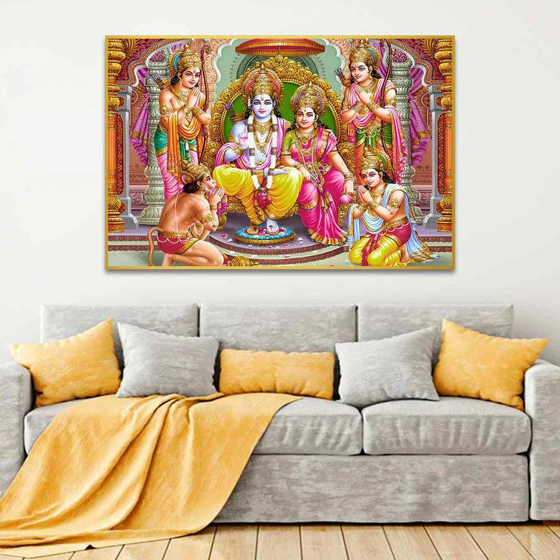 Divine Family Of Ayodhya Spiritual Canvas Wall Painting With Frame - Gold