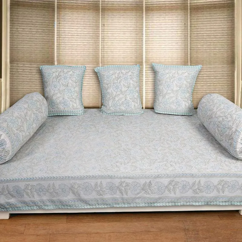 Neeraja Floral Diwan Set (Blue) - Six Piece set media 1