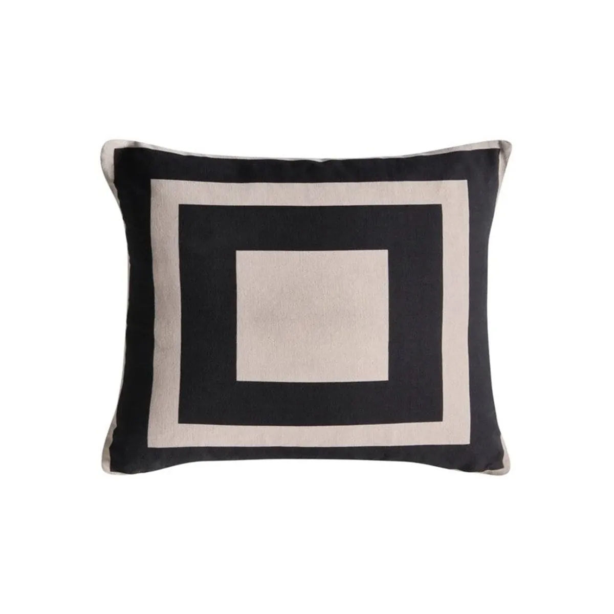 Close view of a black and off-white geometric square cushion cover
