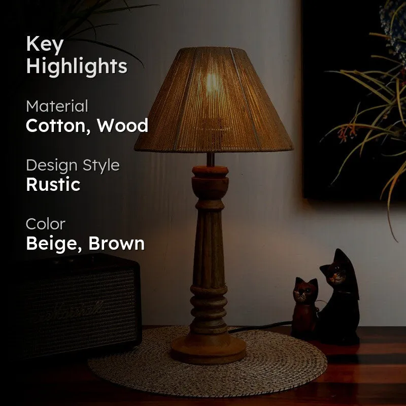 Amber Weave Wooden Base Cotton Table Lamp - Beige,Brown media 2