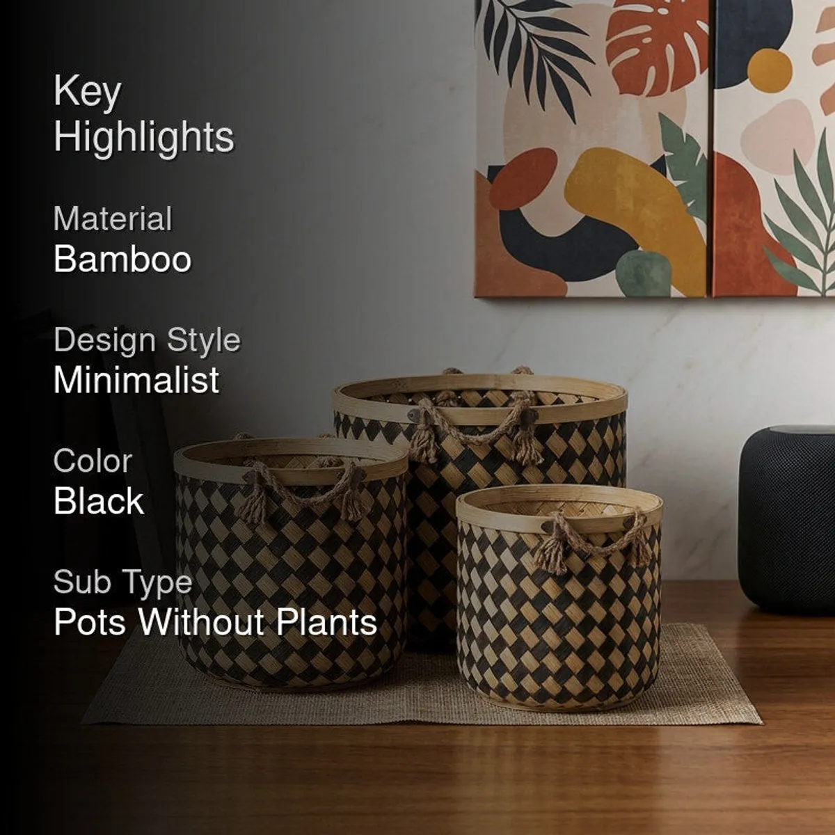 Three black and natural bamboo planters shown together in a home interior.