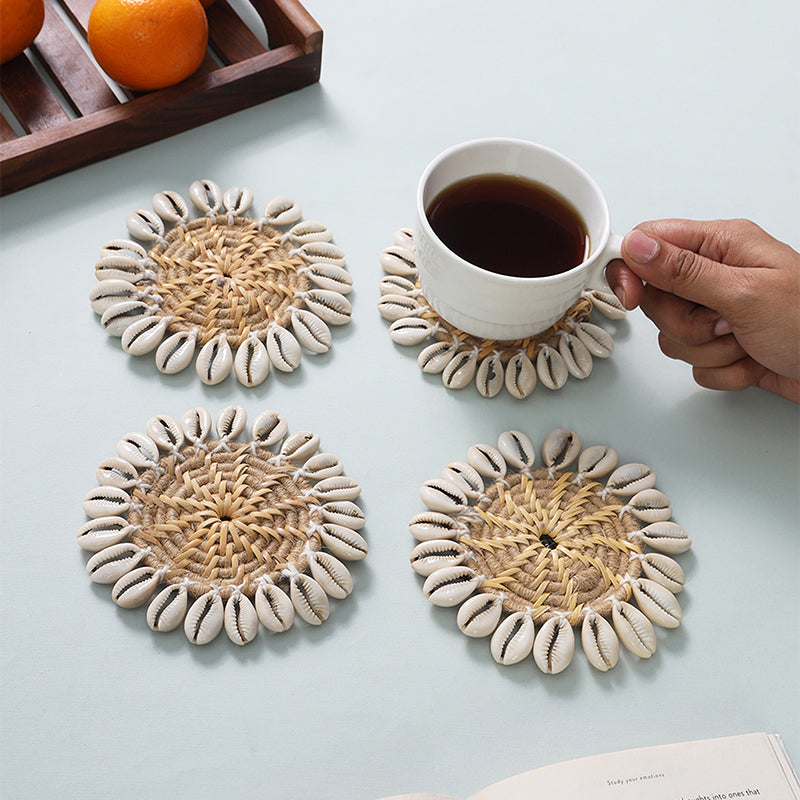 Rustic Sea Jute & Shell Coaster - Set Of Four
