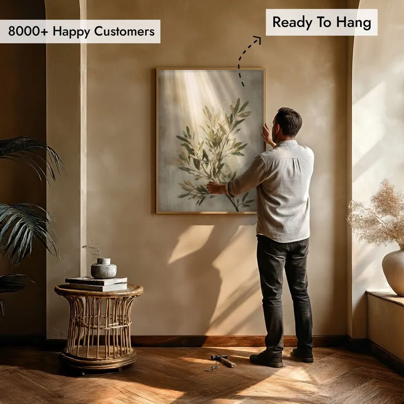 Soft Olive Grace Archival Paper Wall Painting With Brown Frame media 5