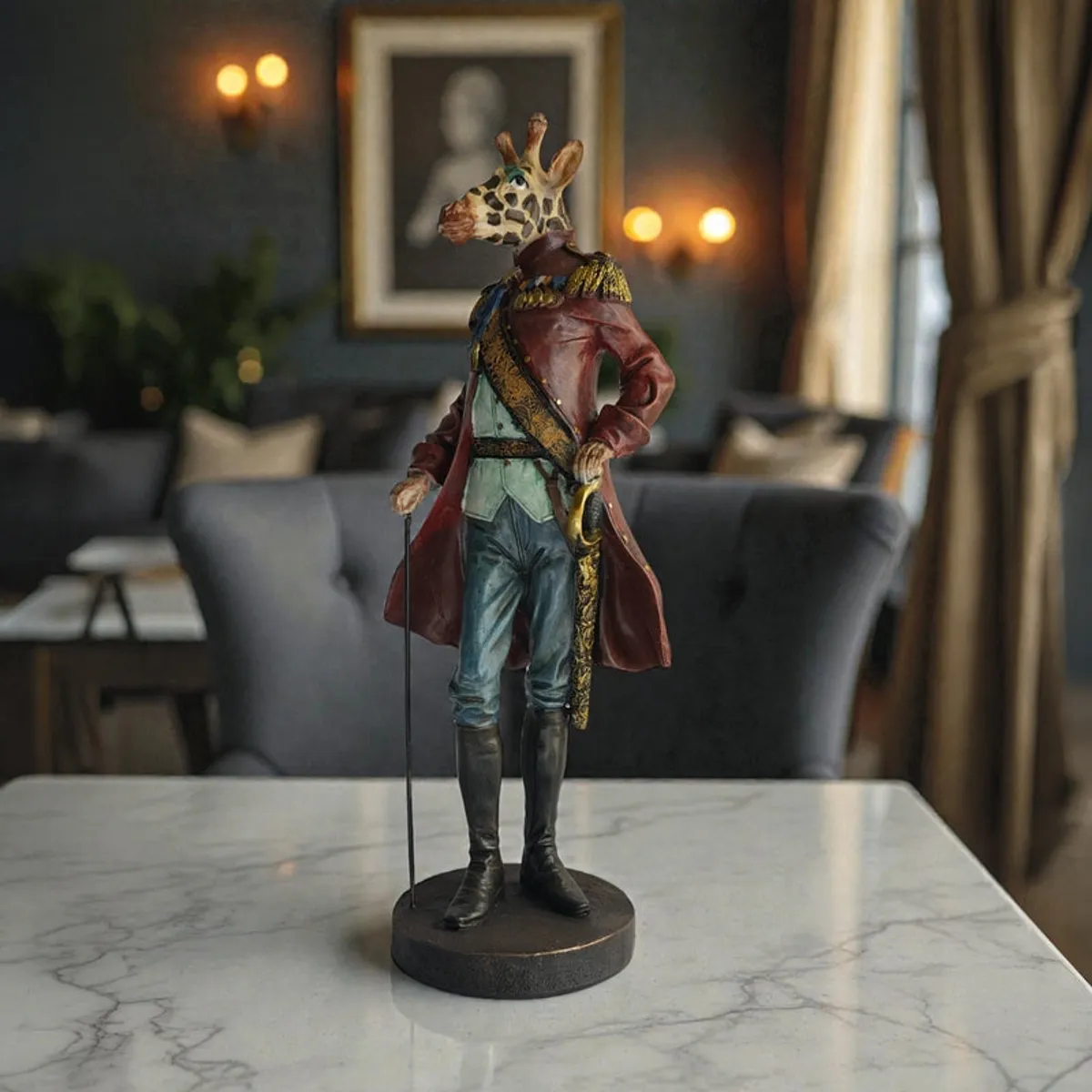 Decorative gentleman figurine displayed on a marble tabletop in a softly lit interior.